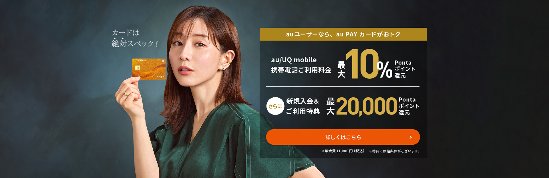 au ユーザーなら、au PAY カードがおトク au/UQ mobile携帯電話ご利用料金最大10%Pontaポイント還元 さらに 新規入会&ご利用特典で最大20,000Pontaポイント還元 詳しくはこちら ※年会費11,000円（税込） ※特典には諸条件がございます。